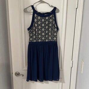 Navy Blue and Gold Mini Sundress with Pleated Skirt and Embroidered Bodice